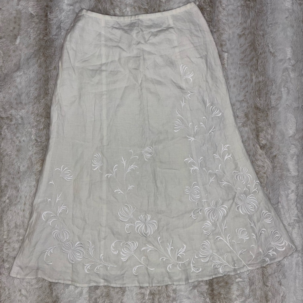 Talbots Irish Linen Embroidered Floral Lined A-Line Skirt Cream Size 12